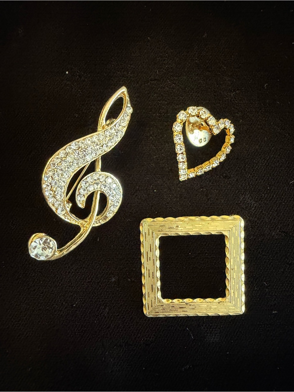 Set of Gold-Tone & Rhinestone Pins - Treble Clef, Heart & Square